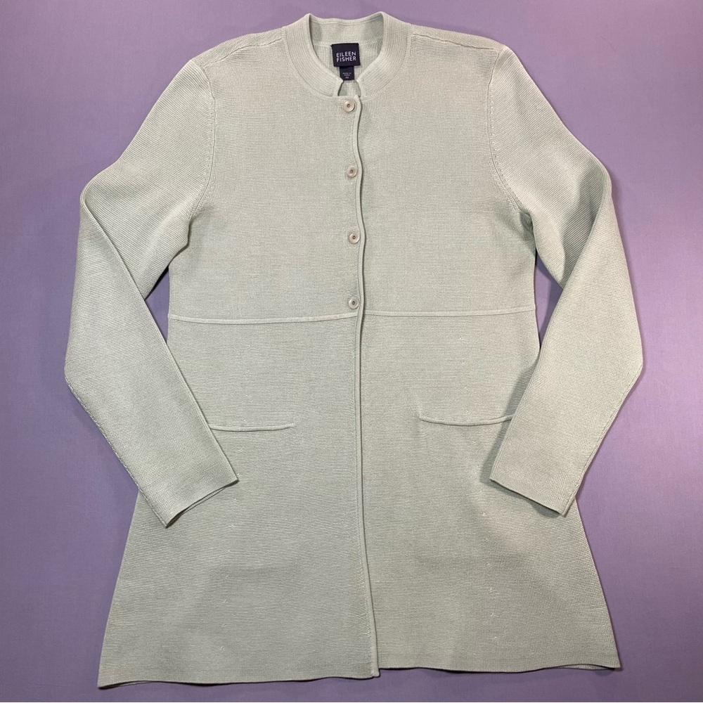 EUC Eileen Fisher Long Line Silk-Cotton Interlock Knit Jacket Cardigan, Women XS
